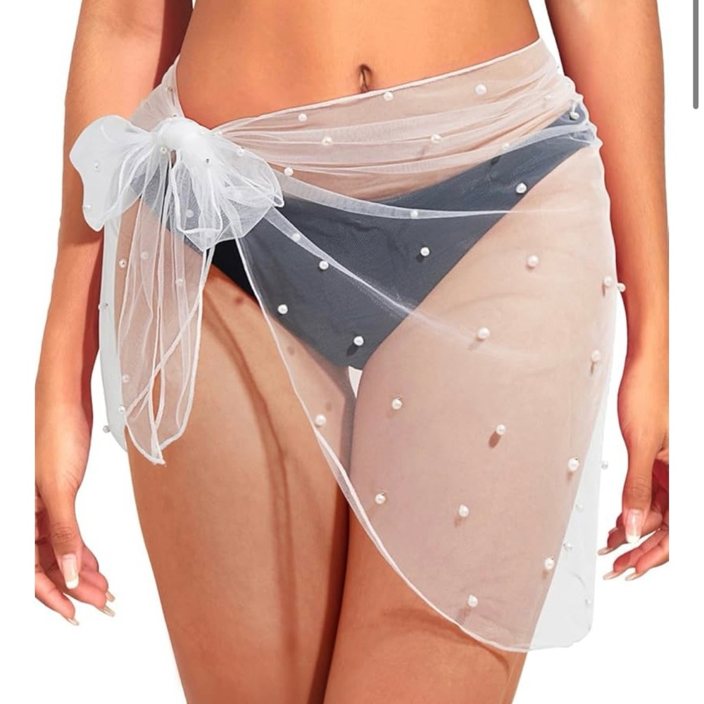 Women's Sheer White Swim Coverup with Pearls